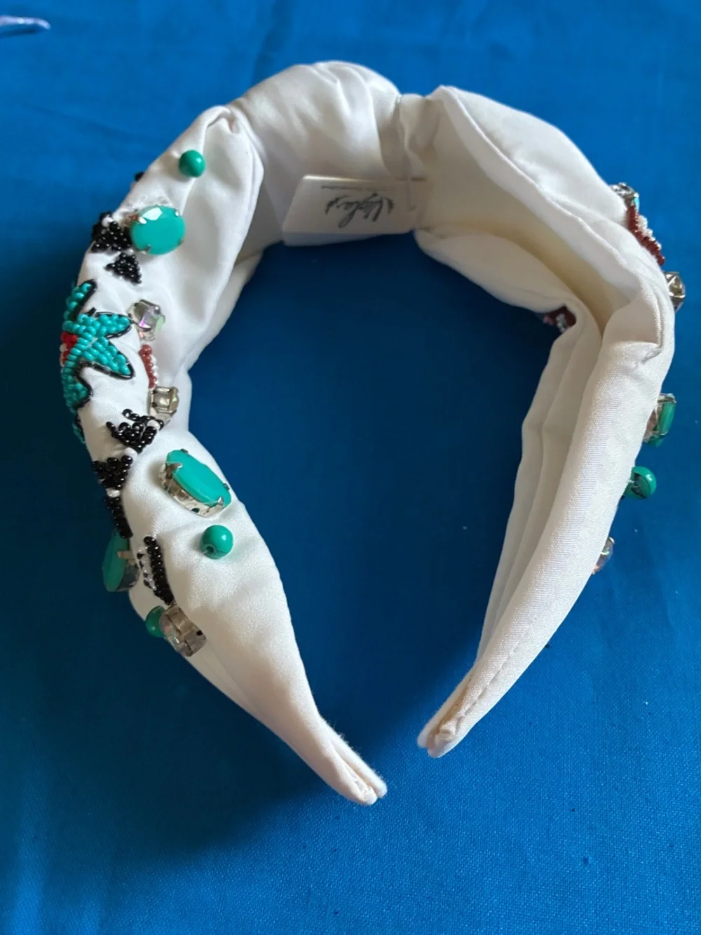 Embellished White Beaded Turban Headband with Turquoise Accents